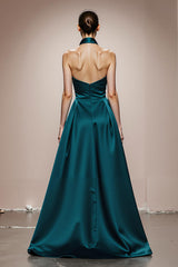 Dark Green A Line Halter Satin Long Formal Dress