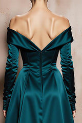 Dark Green Off the Shoulder A Line Long Satin Formal Dress with Sleeves