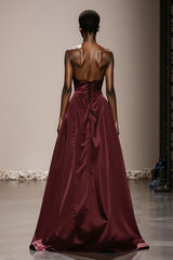 Simple Burgundy Satin Strapless Long Formal Dress
