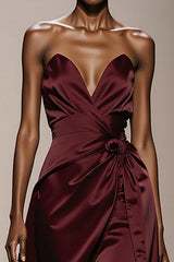 Simple Burgundy Satin Strapless Long Formal Dress