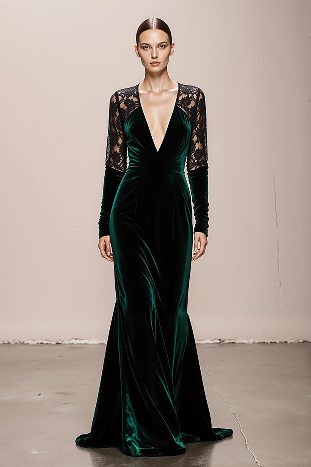 Dark Green V-Neck Velvet Mermaid Long Formal Dress with Lace