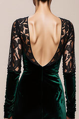 Dark Green V-Neck Velvet Mermaid Long Formal Dress with Lace