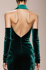 Dark Green Velvet Halter Mermaid Long Formal Dress with Slit