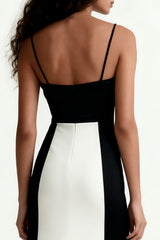 Black and White Patchwork Spaghetti Straps Long Formal Dress