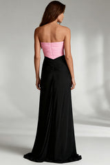 Black and Pink Strapless Satin Ruched Long Formal Dress
