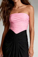Black and Pink Strapless Satin Ruched Long Formal Dress