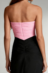 Black and Pink Strapless Satin Ruched Long Formal Dress