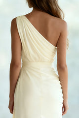 Ivory Ruched Chiffon Sheath One Shoulder Long Formal Dress