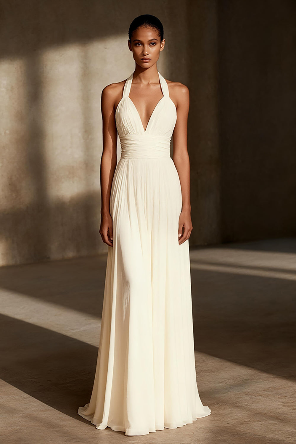 Ivory Sheath Ruched Chiffon Halter Long Formal Dress