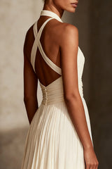 Ivory Sheath Ruched Chiffon Halter Long Formal Dress