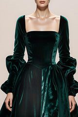 Dark Green Velvet Ball Gown Square Neck Long Holiday Party Dress