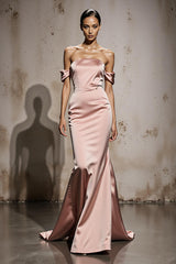 Light Pink Satin Mermaid Off the Shoulder Long Formal Dress