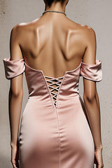 Light Pink Satin Mermaid Off the Shoulder Long Formal Dress