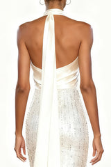 Sparkly White Mermaid Sequins Halter Long Formal Dress