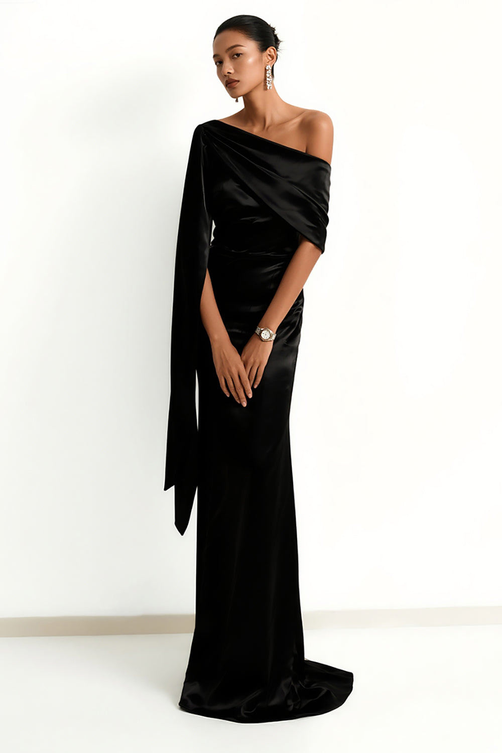 Black Mermaid Satin One Shoulder Long Formal Dress with Side Cape