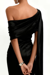 Black Mermaid Satin One Shoulder Long Formal Dress with Side Cape