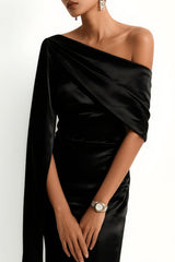 Black Mermaid Satin One Shoulder Long Formal Dress with Side Cape