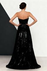 Sparkly Black and White Sequins Mermaid Strapless Long Formal Dress