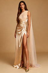 Champagne Satin Mermaid One Shoulder Ruched Long Formal Dress with Slit