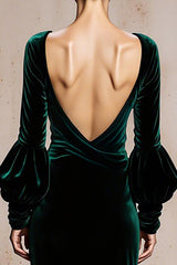 Dark Green Velvet Mermaid V-Neck Long Sleeves Holiday Party Dress