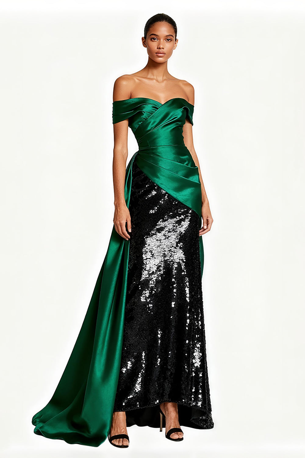 Sparkly Dark Green Off the Shoulder Long Formal Dress