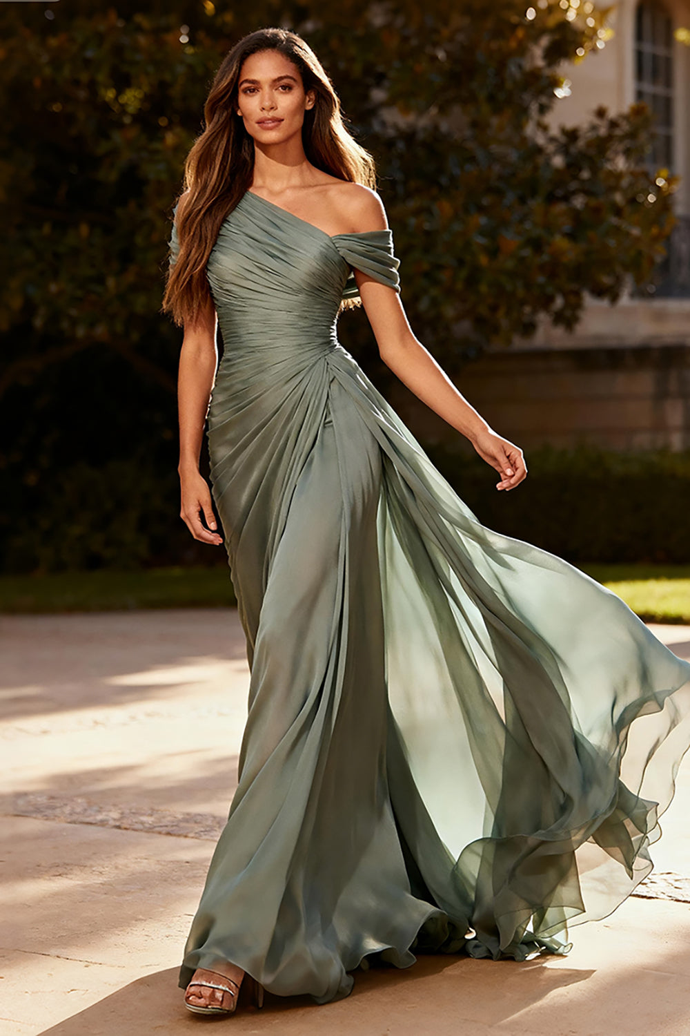 Dusty Sage Chiffon A Line Ruched Long Formal Dress with Side Cape