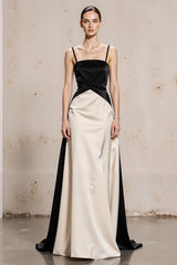 Black and White Satin Spaghetti Straps Long Formal Dress