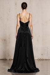 Black and White Satin Spaghetti Straps Long Formal Dress