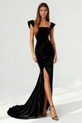 Simple Black Mermaid Ruched Long Formal Dress with Slit