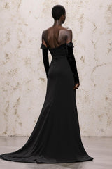 Black Velvet Off the Shoulder Sheath Long Sleeves Holiday Party Dress with Lace