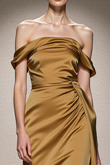 Yellow Satin Mermaid Off the Shoulder Ruched Long Formal Dress