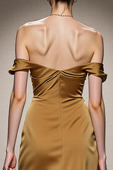 Yellow Satin Mermaid Off the Shoulder Ruched Long Formal Dress
