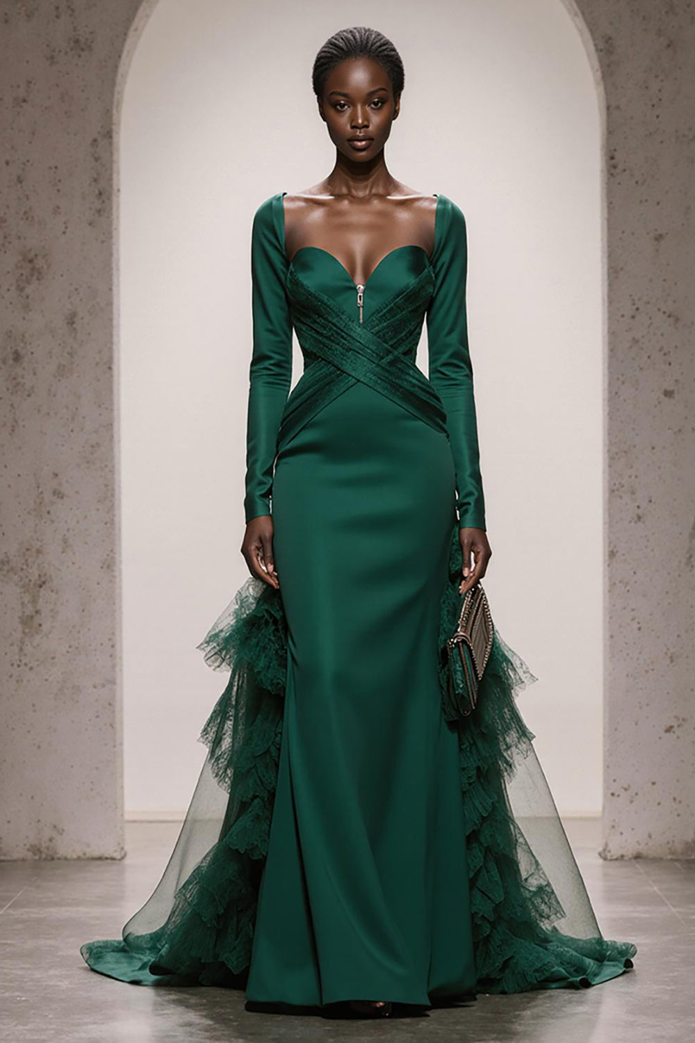 Dark Green Satin Mermaid Sweetheart Long Sleeves Formal Dress with Ruffles