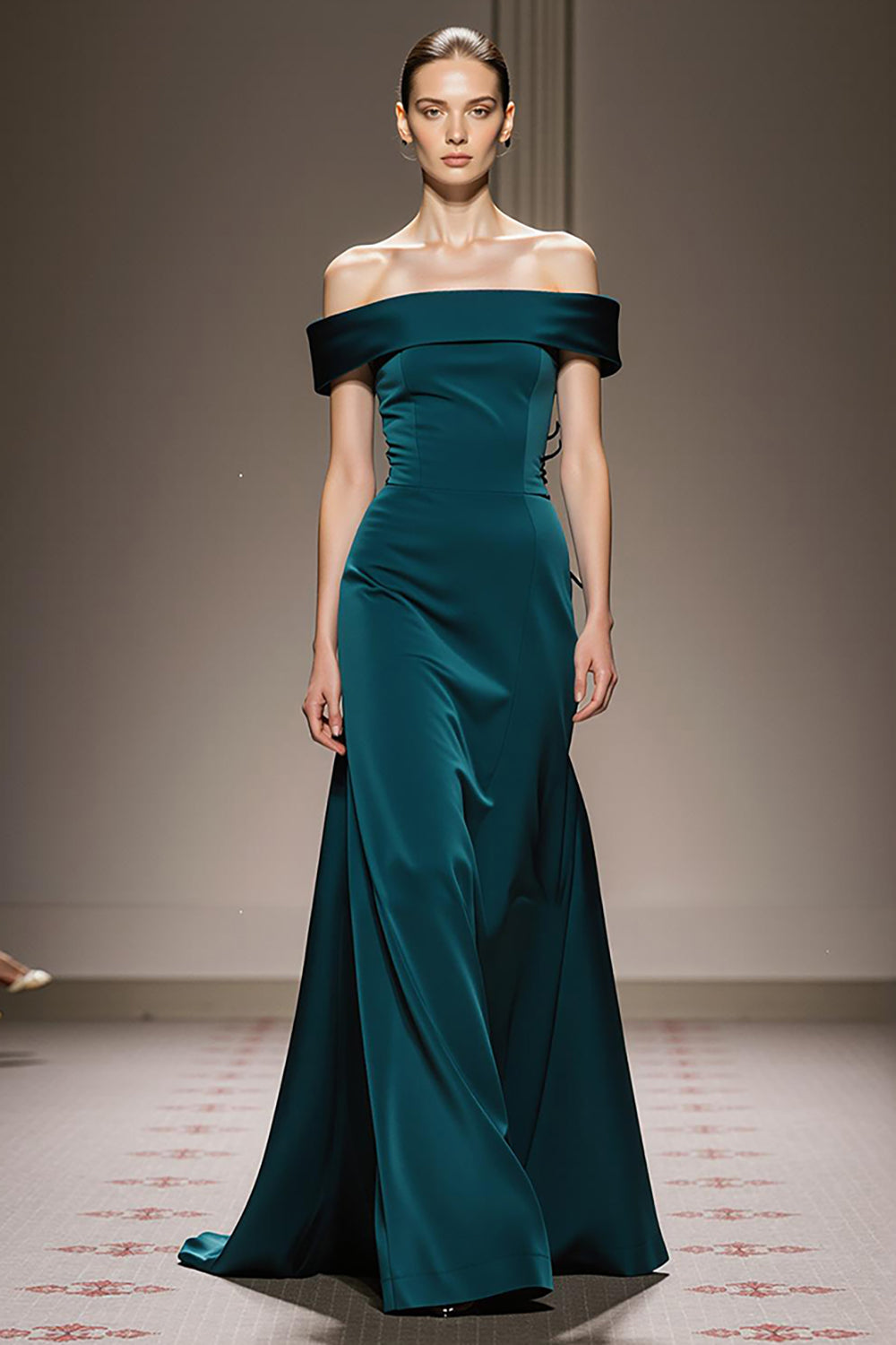 Peacock Blue Sheath Satin Off the Shoulder Long Formal Dress