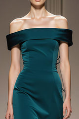 Peacock Blue Sheath Satin Off the Shoulder Long Formal Dress