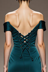 Peacock Blue Sheath Satin Off the Shoulder Long Formal Dress