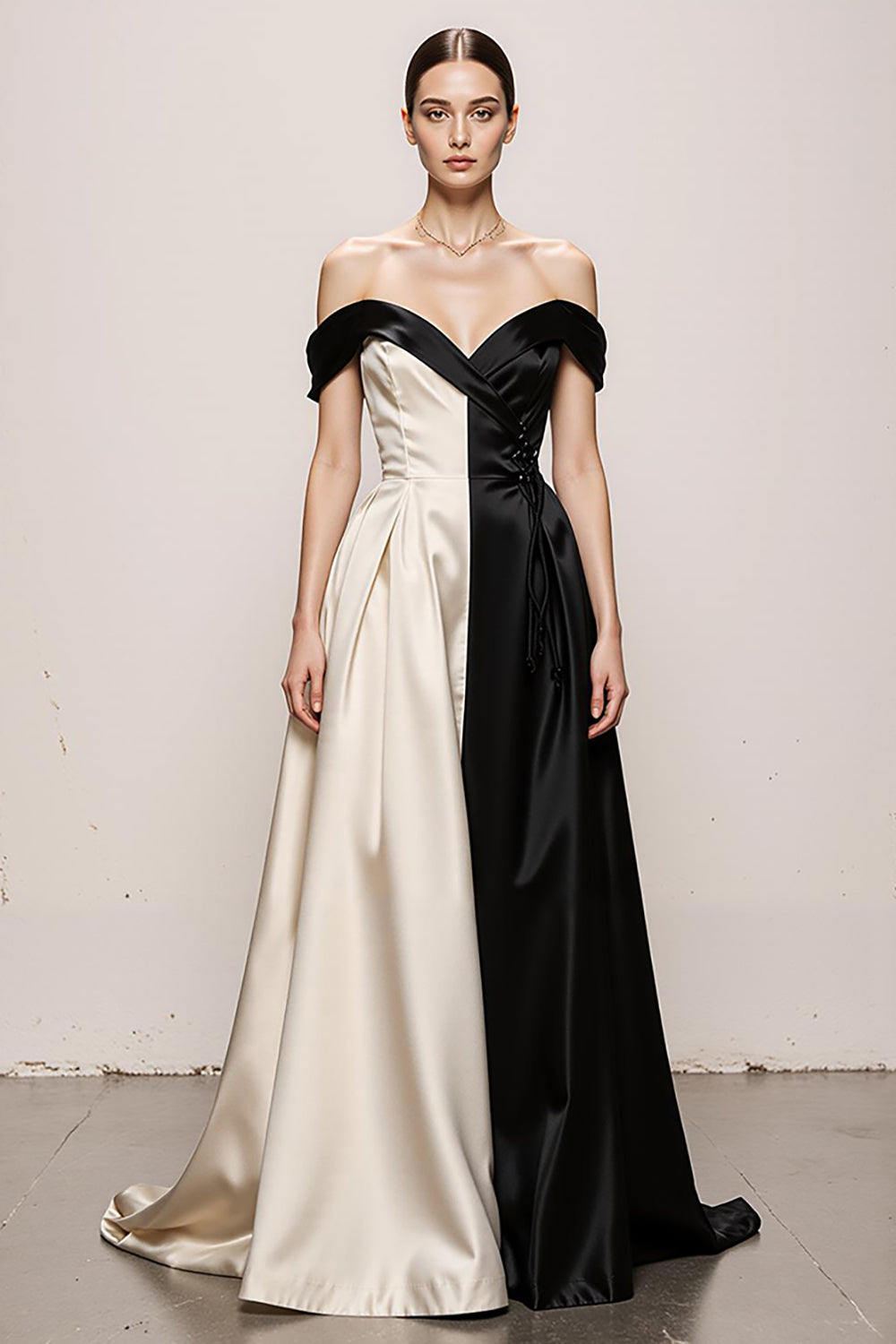 Black and White A Line Sweetheart Satin Off the Shoulder Long Formal Dress