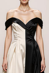 Black and White A Line Sweetheart Satin Off the Shoulder Long Formal Dress