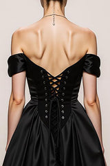 Black and White A Line Sweetheart Satin Off the Shoulder Long Formal Dress