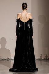 Black Velvet Off the Shoulder Sheath Long Sleeves Holiday Party Dress with Slit
