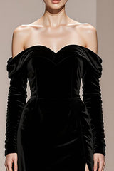 Black Velvet Off the Shoulder Sheath Long Sleeves Holiday Party Dress with Slit