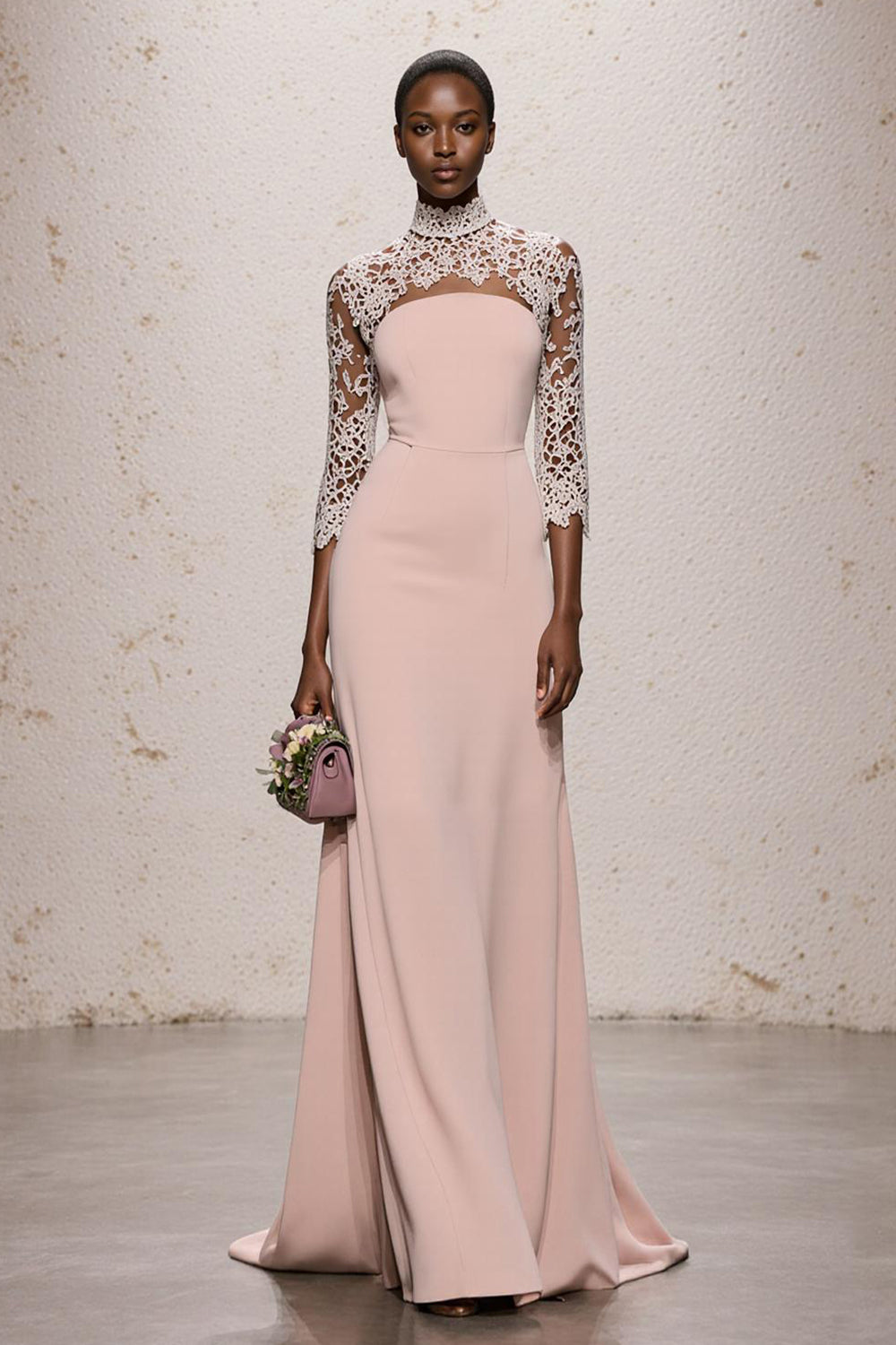 Simple Light Pink High Neck Long Formal Dress with Lace