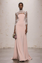 Simple Light Pink High Neck Long Formal Dress with Lace