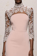 Simple Light Pink High Neck Long Formal Dress with Lace