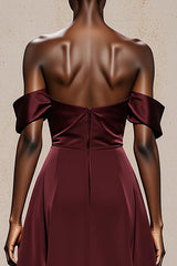 Burgundy Off the Shoulder Satin A Line Long Formal Dress