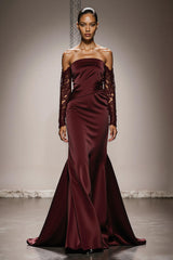 Burgundy Satin Mermaid Off the Shoulder Long Formal Dress with Lace