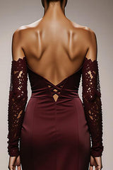 Burgundy Satin Mermaid Off the Shoulder Long Formal Dress with Lace