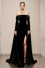 Black Velvet A Line Off the Shoulder Long Holiday Party Dress with Slit