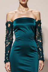 Peacock Green Satin Mermaid Off the Shoulder Long Formal Dress with Lace