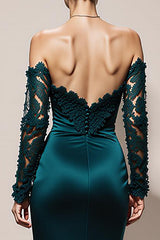 Peacock Green Satin Mermaid Off the Shoulder Long Formal Dress with Lace